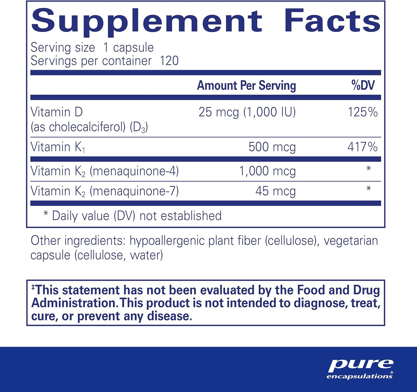 Supplement facts for a bottle of Pure Encapsulations Synergy K dietary supplement