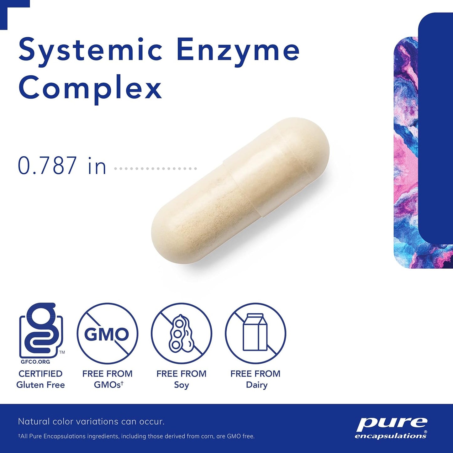 A beige, Pure Encapsulations Systemic Enzyme Complex dietary supplement capsule, that measures .787 inches long and is GF, GMO free, Soy free and dairy free