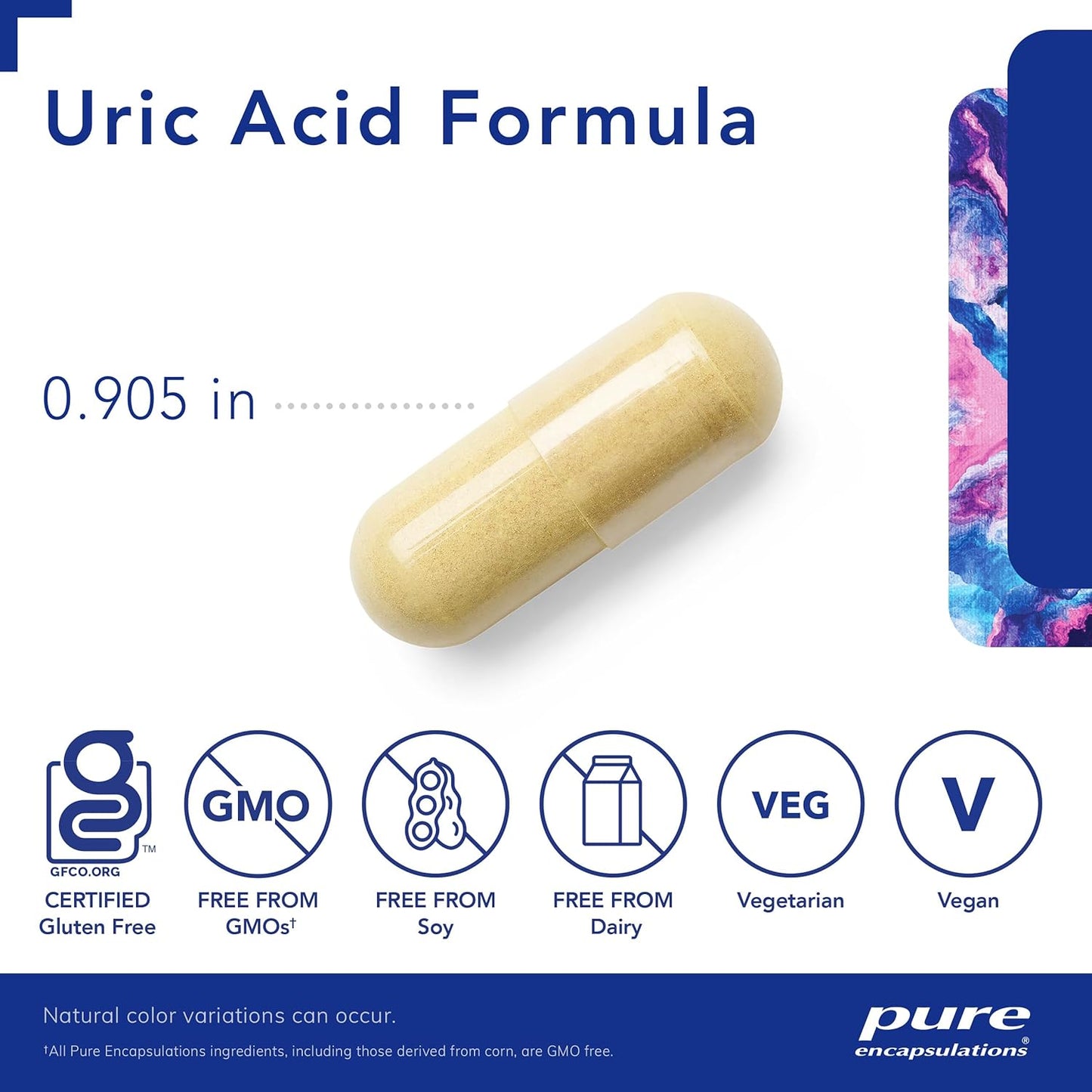 A yellow, Pure Encapsulations Uric Acid Formula dietary supplement capsule that measures .905 inches and is GF, GMO fre, Soy free, Dairy free, vegetarian, and vegan