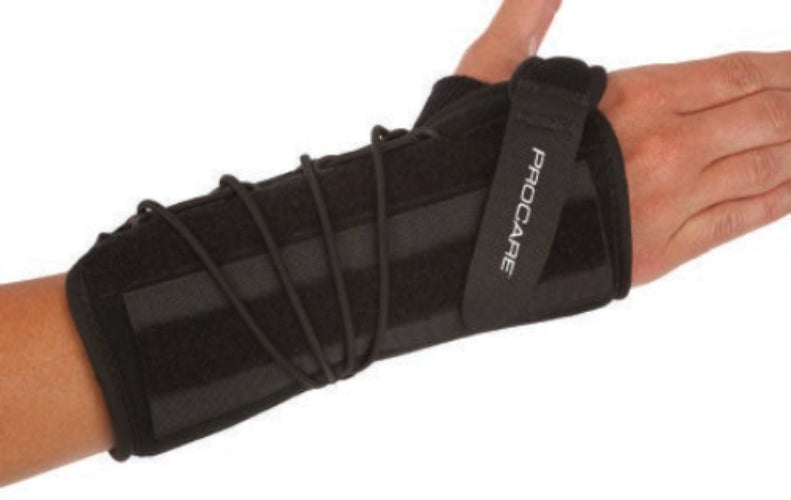 A black wrist brace with a preformed aluminum, foam, and nylon construction, featuring a single-pull lace closure and a soft, breathable liner.