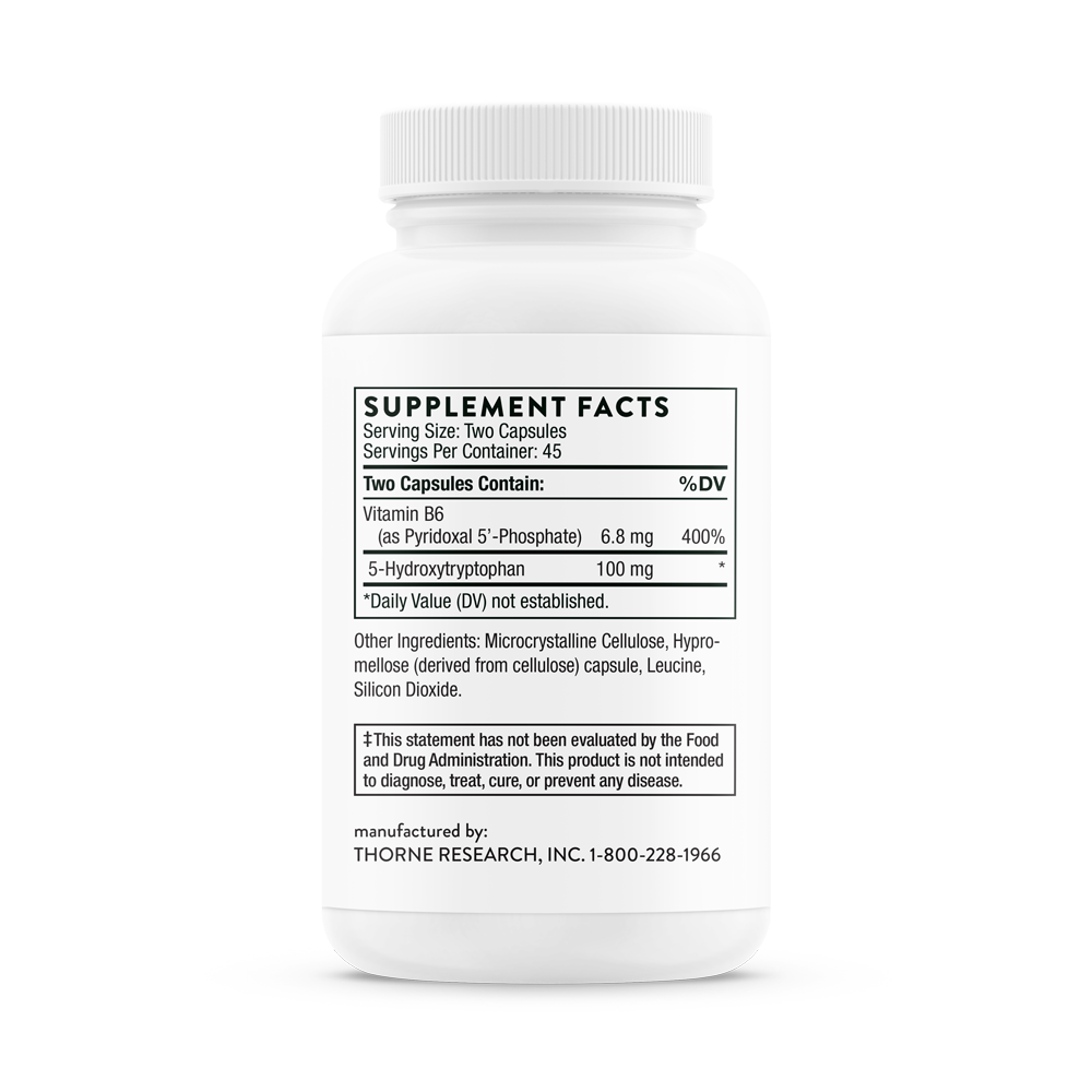 Supplement facts for a bottle of Thorne 5-Hydroxytryptophan dietary supplement