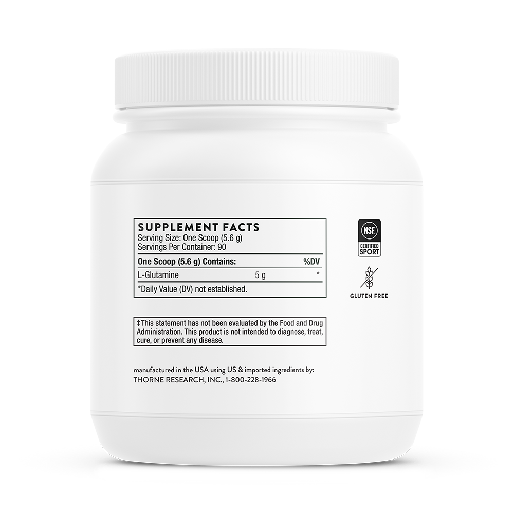 Supplement facts for a container of Thorne L-Glutamine Powder