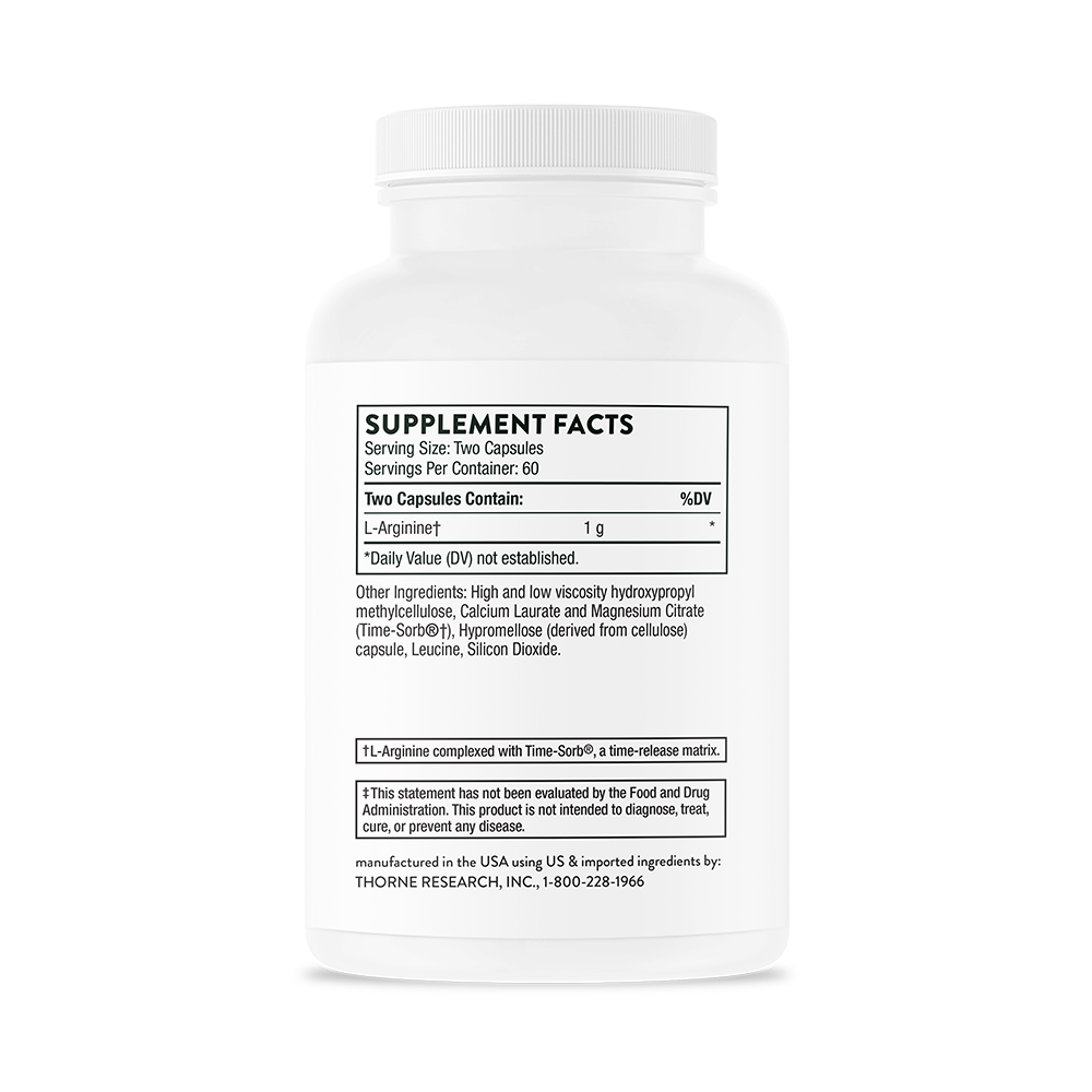 Supplement facts for a bottle of Thorne L-Arginine dietary supplement