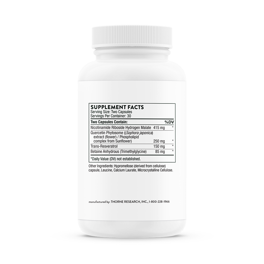 Supplement facts for a bottle of Thorne Resveracel dietary supplement