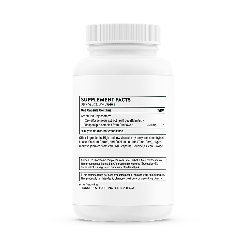 Supplement facts for a bottle of Thorne Green Tea Phytosome dietary supplement