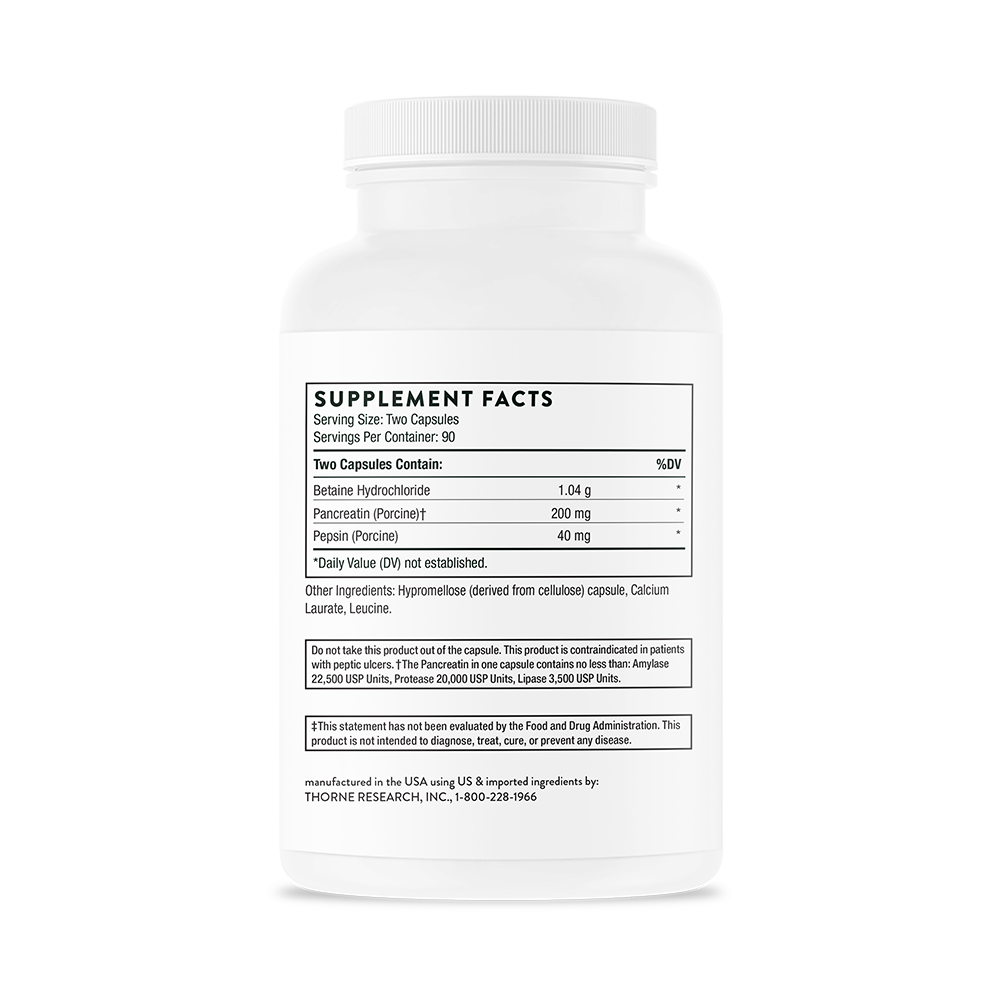 Supplement facts for a bottle of Thorne Multi Enzyme dietary supplement