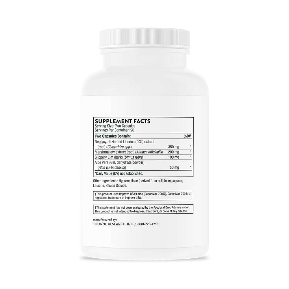 Supplement facts for a bottle of Thorne GI Relief dietary supplement