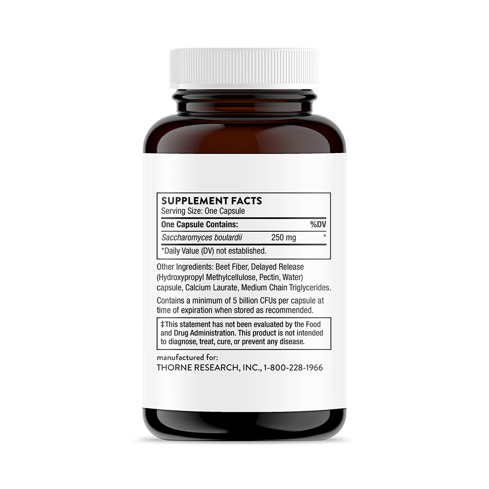 A bottle of Thorne Sacro-B (SF757) supplement with its label detailing supplement facts, serving size, and ingredients.