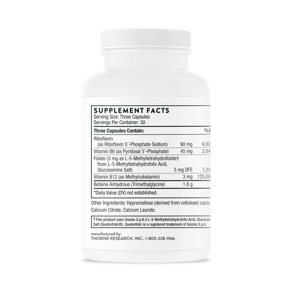 Supplement facts for a bottle of Thorne Methyl-Guard Plus supplement