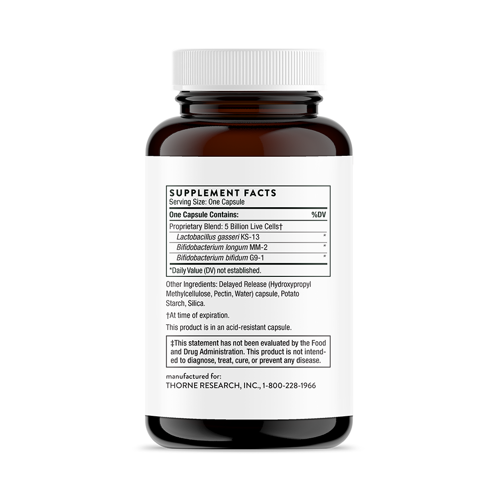 Supplement facts for a bottle of Thorne FloraMend Prime Probiotic dietary supplement