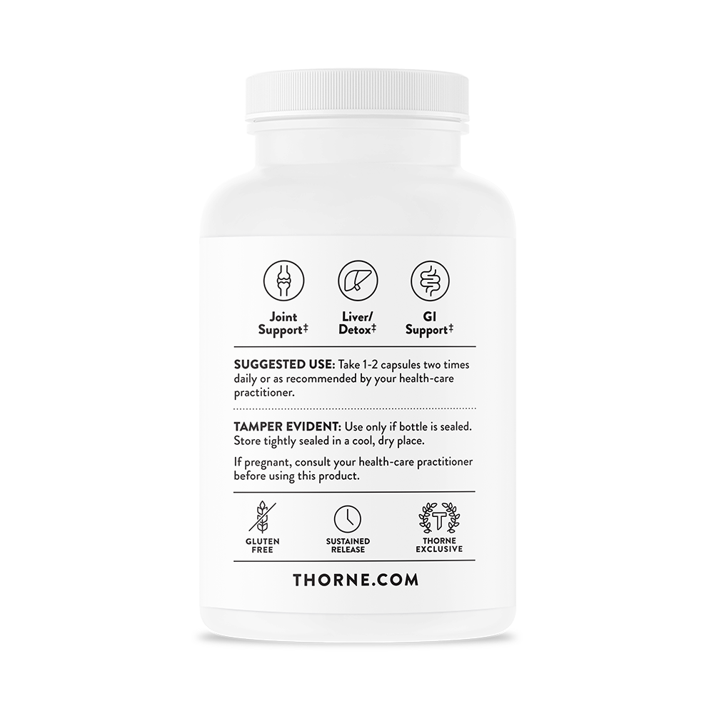 Suggested Use information in the Thorne phytosome label. The supplement is gluten free and sustained release.