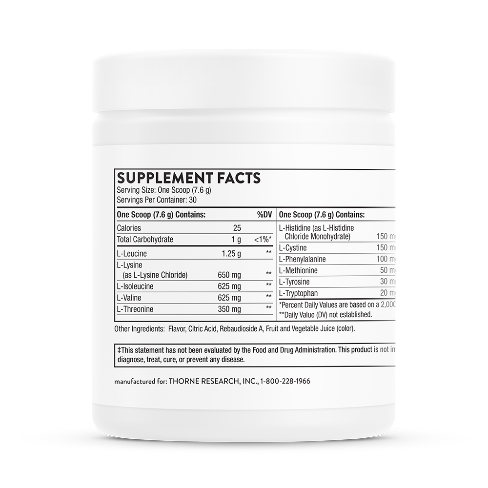 Supplement fact information on a container of Thorne Amino Complex dietary supplement.