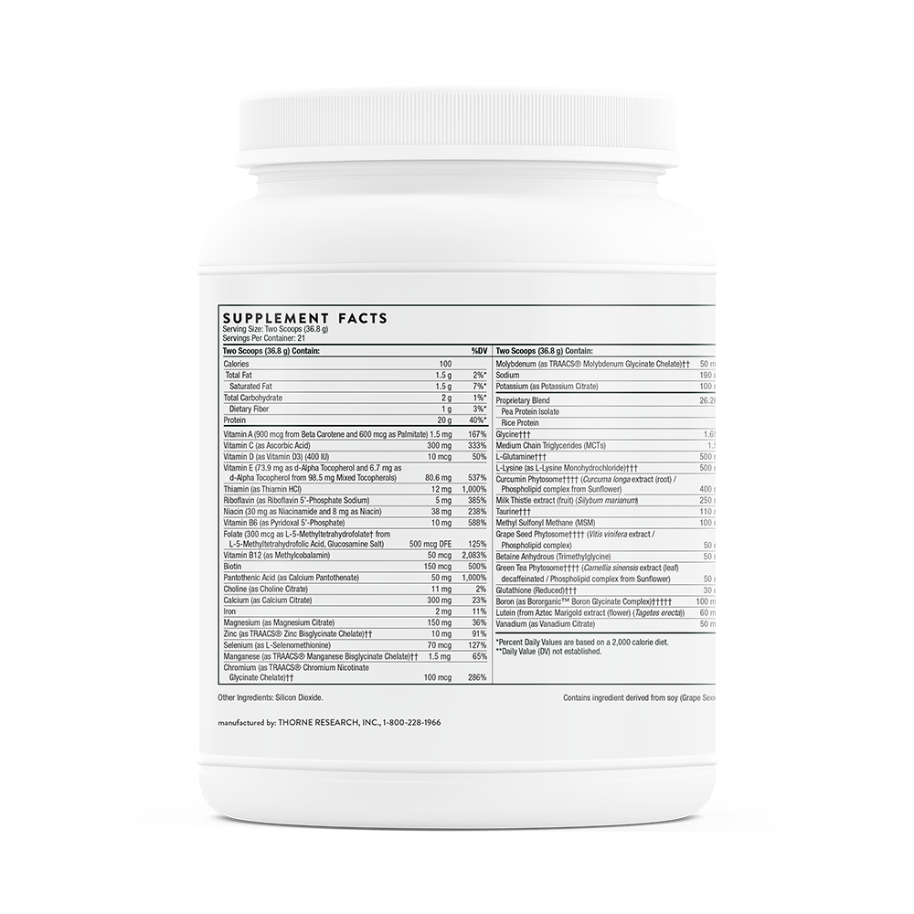 Supplement facts information for THORNE MediClear Plus.