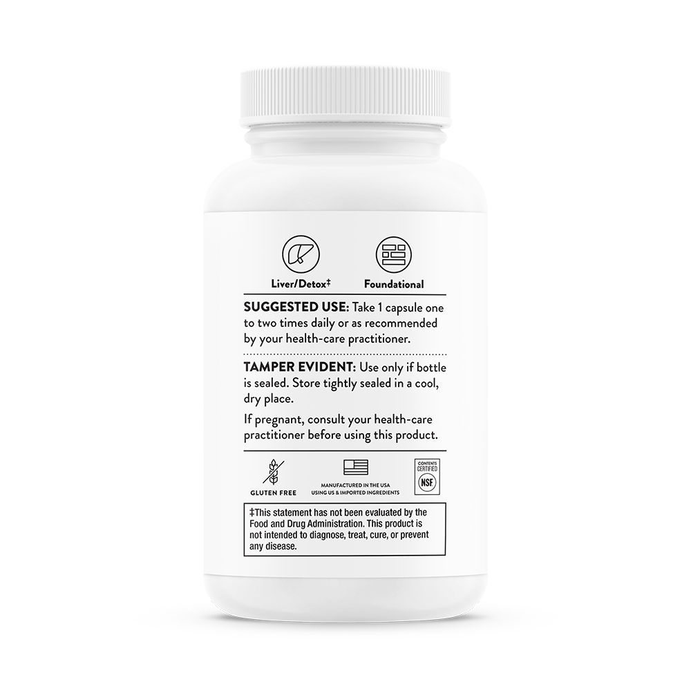 Suggested use for bottle of Thorne Broccoli Seed Extract. Product is foundational and promotes liver detoxification. Product is gluten free.