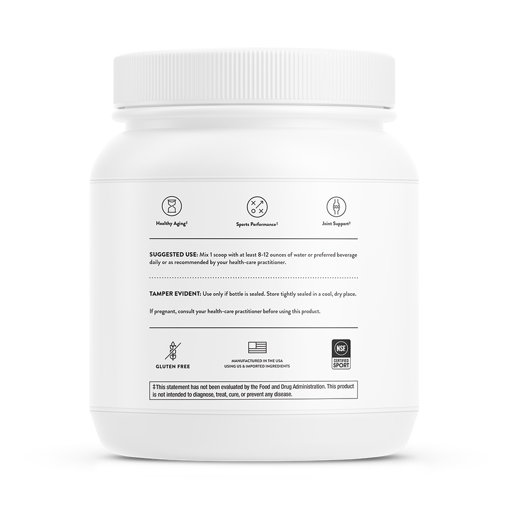 Suggested use information on a container of Thorne Collagen Fit dietary supplemen. It promotoes healthy aging, sports performance and joint support.
