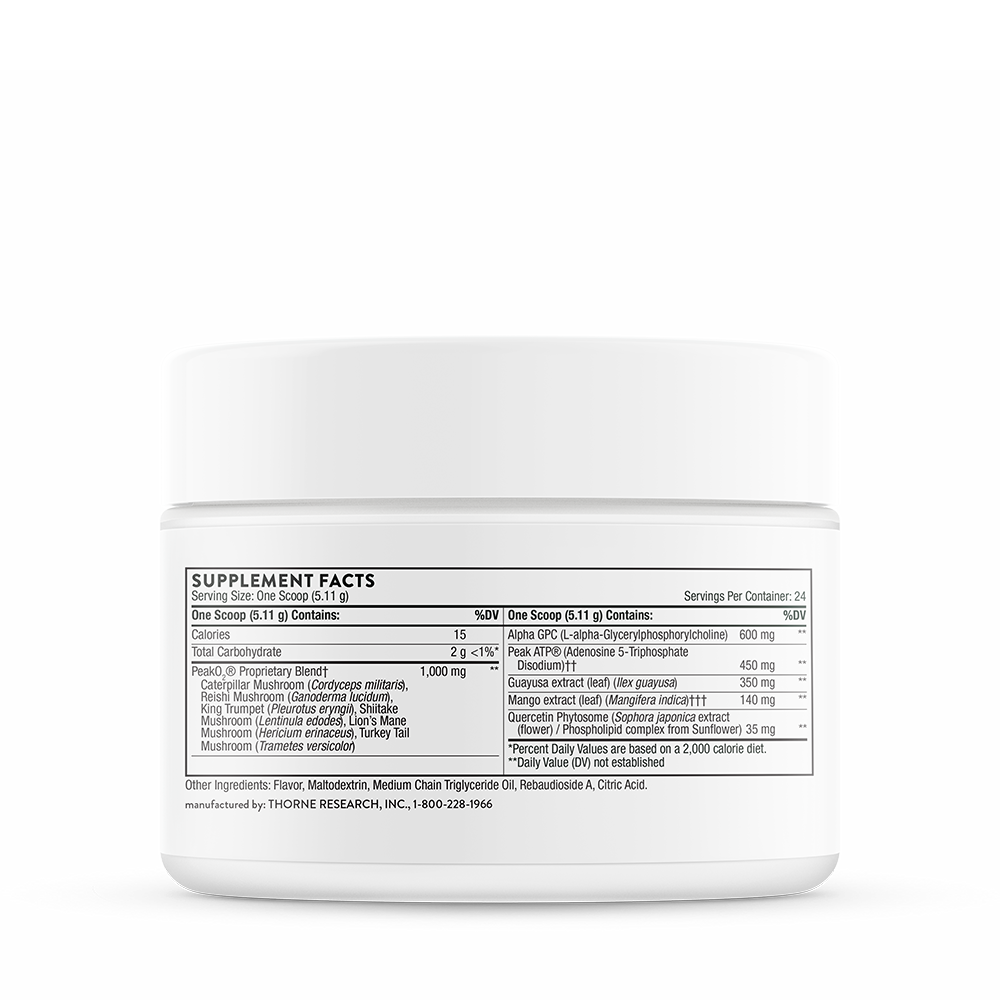 Supplement facts information for the side of the Thorne Pre-Workout Elite container.