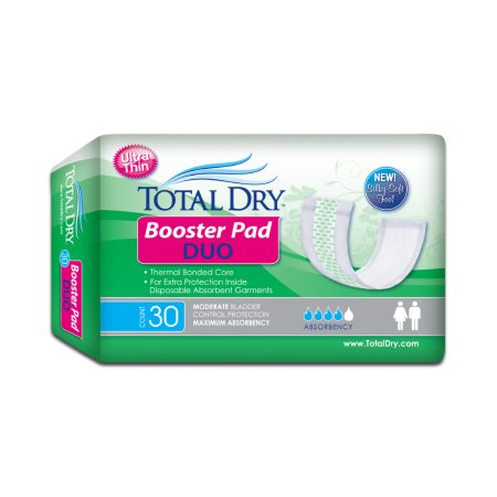 Packaging for Secure Booster Pads Ultra Thin with 30 pads per package, highlighting features such as maximum absorbency and bladder control protection.