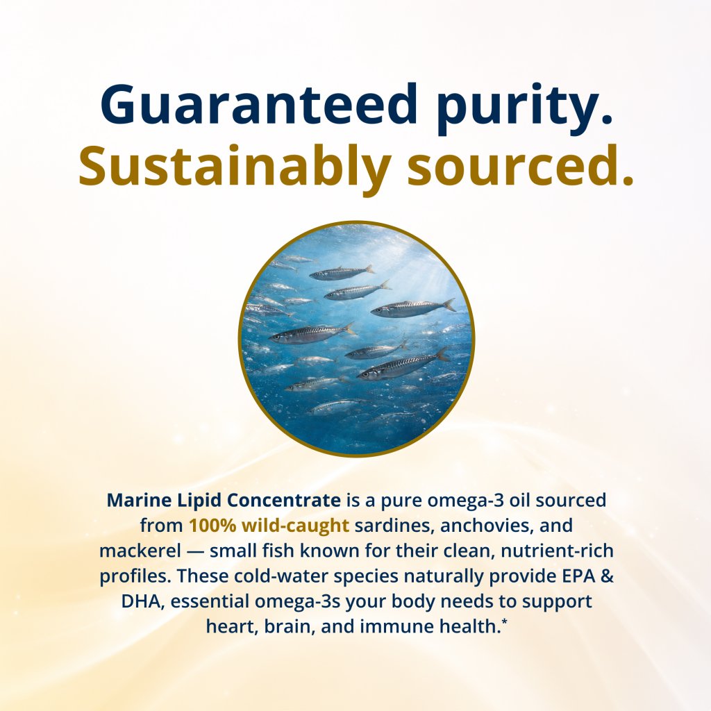 A picture of fish underwater and indication that Metaganics OmegaGenics® Fish Oil Mega 10is sustainably sourced