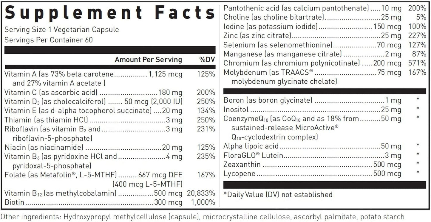 Supplement facts label for a bottle of Douglas Labs Ultra Preventive 1 Daily dietary supplement