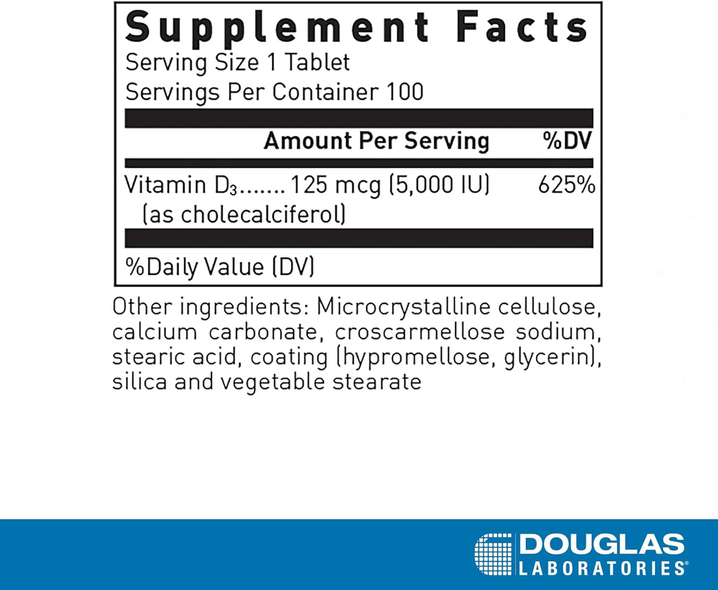 Supplement facts for a bottle of Douglas Labs Vitamin D 5000 IU dietary supplement