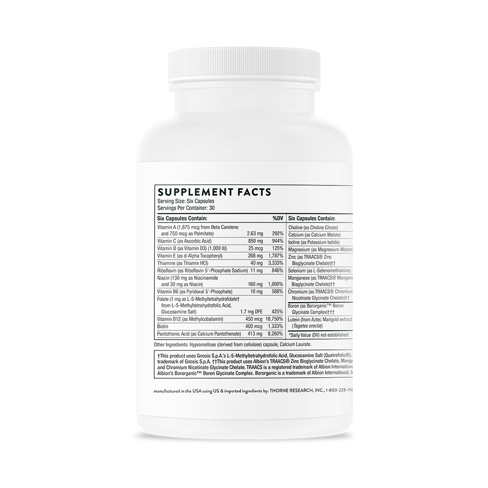Supplement facts information on the back of a bottle of Thorne Men's Multi 50+ dietary supplements
