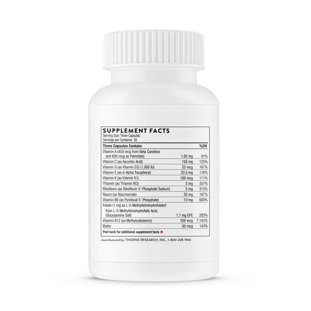 Supplement facts information on the back of A bottle of Thorne Basic PrenataL.