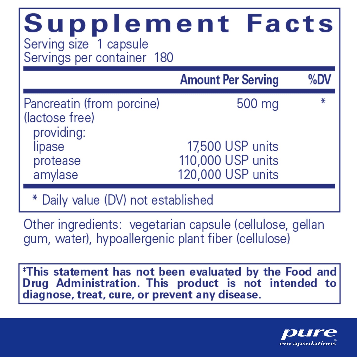 Supplement facts and ingredient information for a bottle of Pure Encapsulations Pancreatic Enzyme Formula dietary supplement