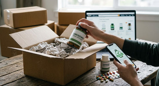 Warning sign over supplement bottles representing risks of buying supplements on Amazon, eBay, and Walmart