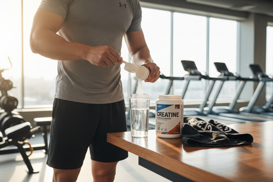 Athlete adding creatine powder to a shaker bottle