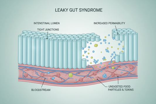 Medical illustration of leaky gut syndrome showing increased intestinal permeability and tight junction disruption