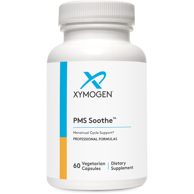 Supplement bottle labeled 'PMS Soothe' by Xymogen on a white background