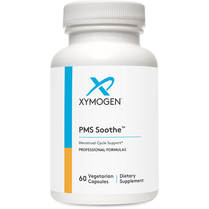 Supplement bottle labeled 'PMS Soothe' by Xymogen on a white background