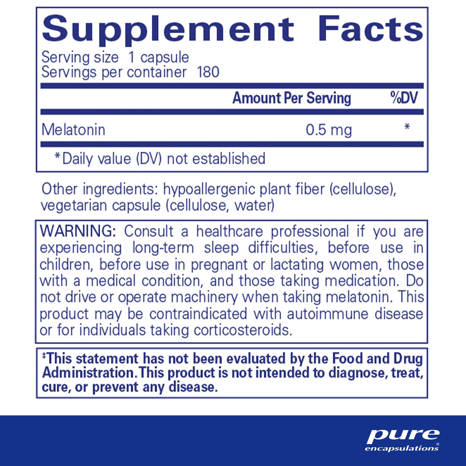 Supplement facts and ingreidnet information for a bottle of Pure Encapsulations Melatonin 0.5 mg dietary supplement 