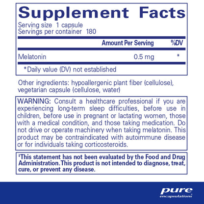 Supplement facts and ingreidnet information for a bottle of Pure Encapsulations Melatonin 0.5 mg dietary supplement 
