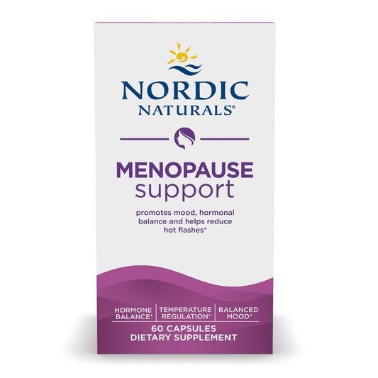 A package of Nordic Naturals Menopause Support supplement, with 60 capsules, highlighting benefits such as hormone balance, temperature regulation, and mood support.
