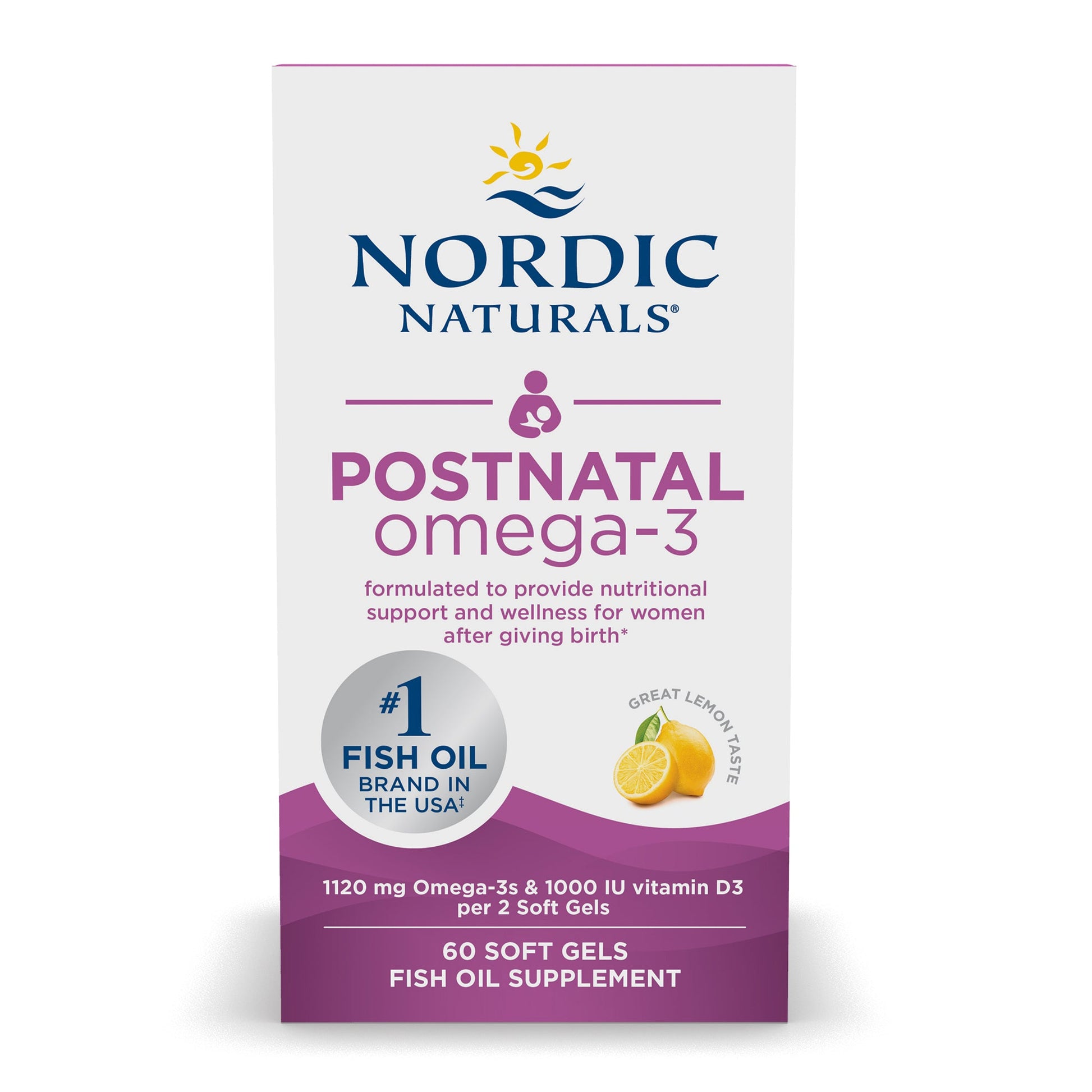 A box of Nordic Naturals Postnatal Omega-3 supplement softgels, with 60 count and 30 servings indicated. The box features the product name and mentions 1120 mg Omega-3s and 1000 IU Vitamin D3 per soft gel, with a fresh lemon taste.