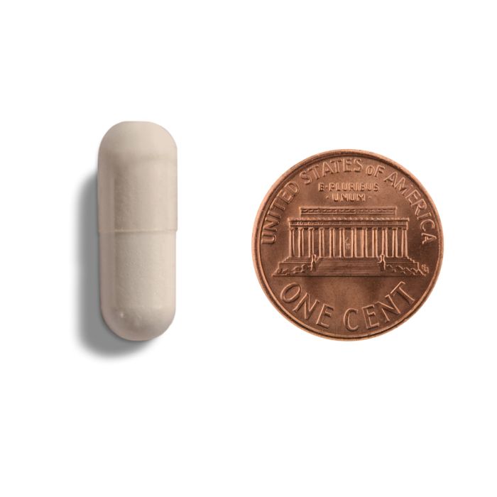 Copper penny and beige capsule on a white background