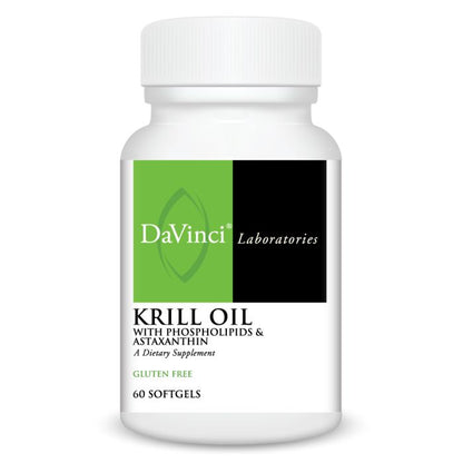 Supplement bottle labeled 'DaVinci Laboratories Krill Oil' on a white background