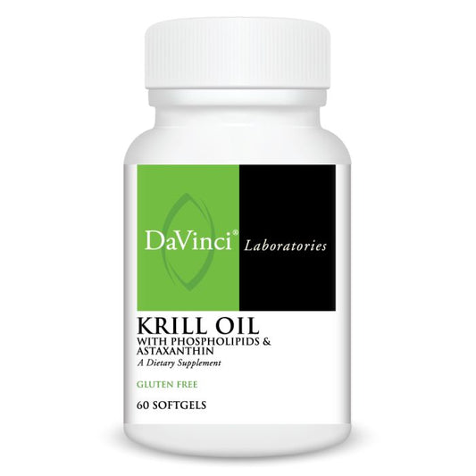 Supplement bottle labeled 'DaVinci Laboratories Krill Oil' on a white background