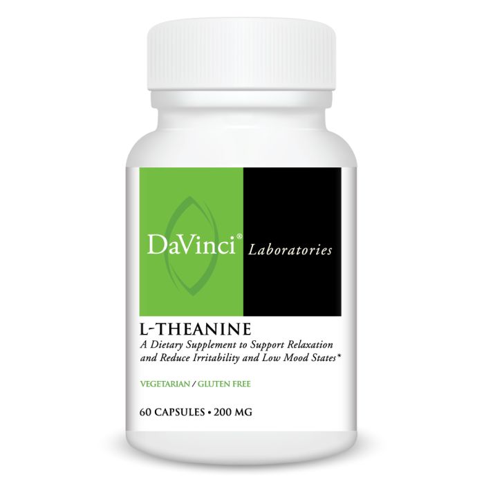 A bottle of Davinci Labs L-Theanine 200mg dietary supplement with 60 capsules.