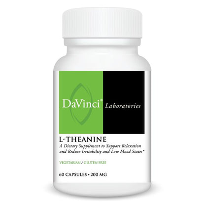 A bottle of Davinci Labs L-Theanine 200mg dietary supplement with 60 capsules.