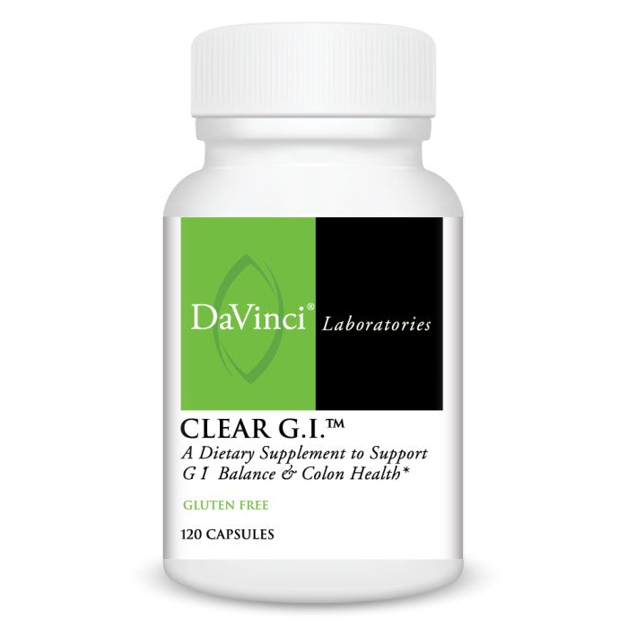 DaVinci Laboratories CLEAR G.I. dietary supplement bottle on a white background
