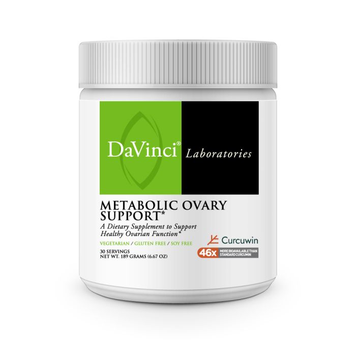 A container of Davinci Labs Metabolic Ovary Support dietary supplement, featuring a green and white label with an image of the product and its benefits listed.