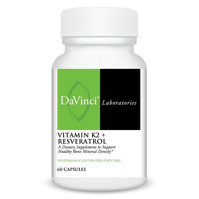 DaVinci Laboratories Vitamin K2 + Resveratrol supplement bottle on a white background
