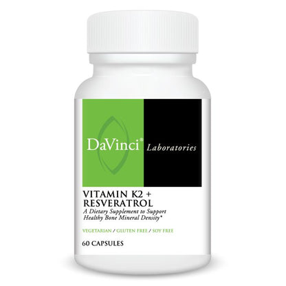 DaVinci Laboratories Vitamin K2 + Resveratrol supplement bottle on a white background