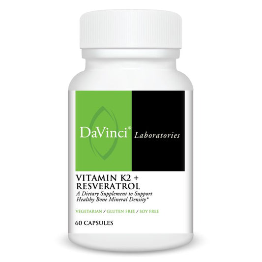 DaVinci Laboratories Vitamin K2 + Resveratrol supplement bottle on a white background