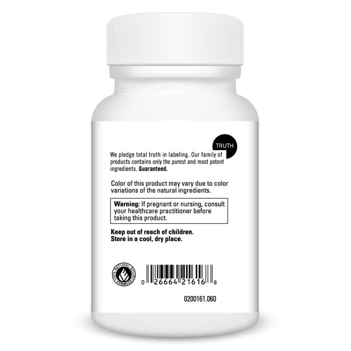 White supplement bottle with label on a white background