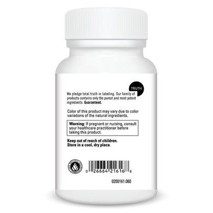 White supplement bottle with label on a white background