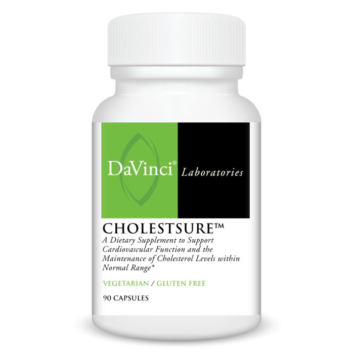 A bottle of Davinci Labs CholestSure dietary supplement with green and black labeling, indicating 90 capsules inside.
