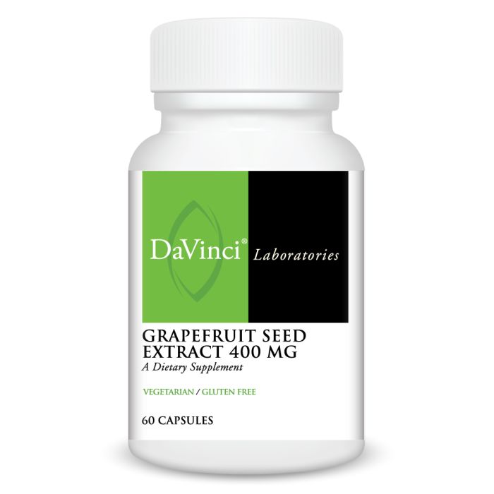 A bottle of DaVinci Laboratories Grapefruit Seed Extract 400 mg, with 60 capsules. The bottle is white with a green and black label, indicating that the product is vegetarian and gluten-free.